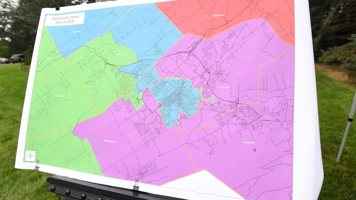 Centre County’s four legislative districts are displayed on a map during a gerrymandering walk on Saturday, Sept. 22, 2018.