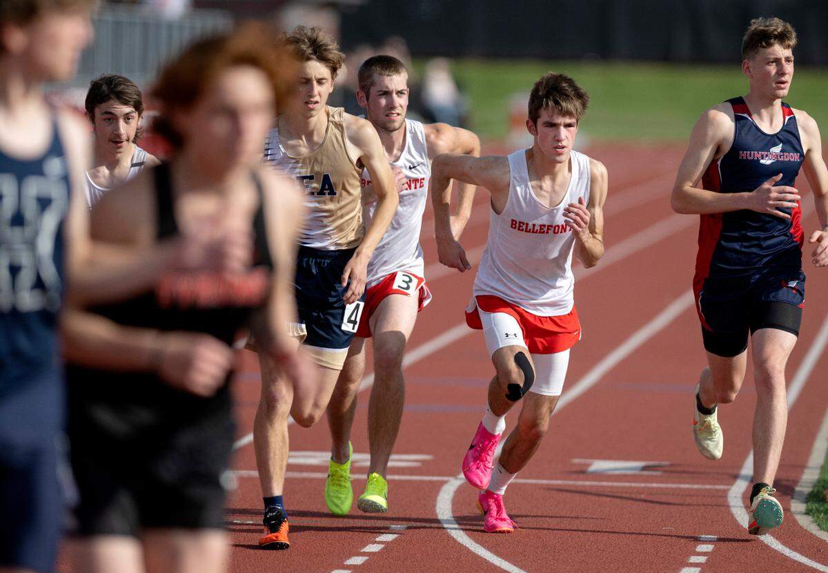 Bellefonte’s Alexander Crist and Chase Ebeling at the start of the 1600 meter run during the Mountain League track and field championships on Tuesday, May 9, 2023.