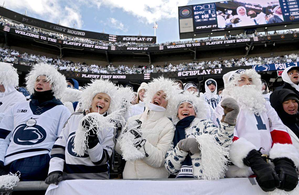 Penn State fans in the student section sing during a time out of the CFP first round game against SMU on Saturday, Dec. 21, 2024 at Beaver Stadium.