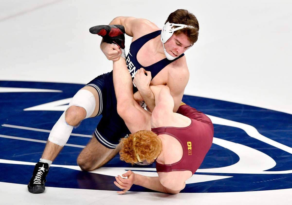 Penn State’s Joe Lee, pictured in March at the 2021 Big Ten Wrestling Tournament, was one of three Nittany Lions wrestlers to make the Southern Scuffle quarterfinals on Saturday. Lee suffered a loss and will have to wrestle in the consolations.