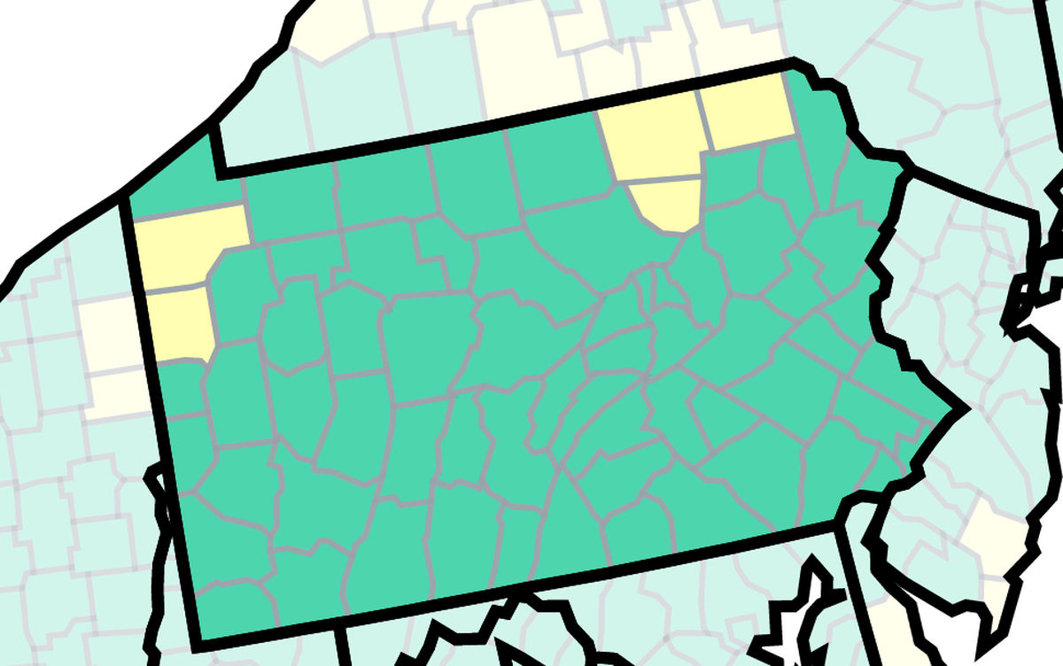 This map of Pennsylvania from the U.S. Centers for Disease Control and Prevention shows COVID-19 community levels by county as of March 24, 2023. The yellow are at medium and the green are at low.