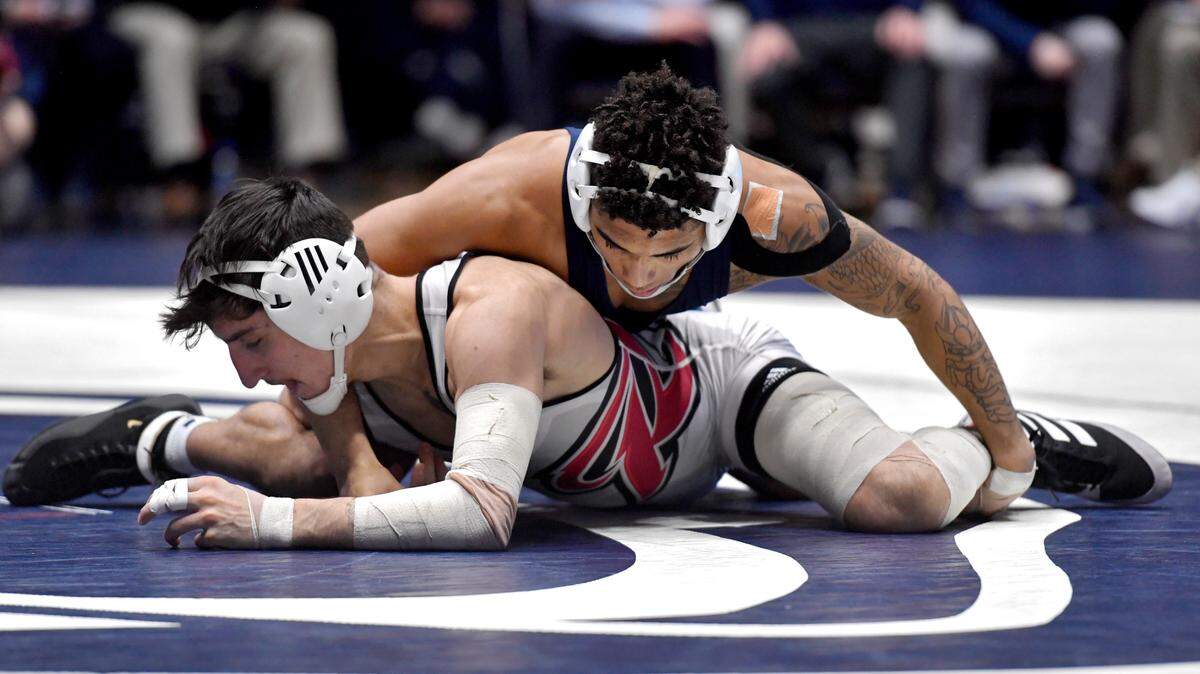 Penn State’s Roman Bravo-Young controls Rider’s Richie Koehler in the 133 lb bout of the match on Feb. 20.