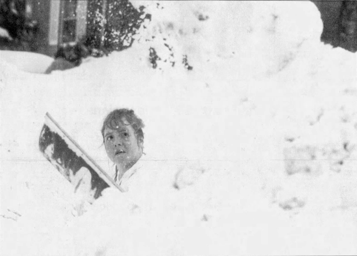 Penn State junior Jennifer Gross of Pottsville digs snow on South Atherton Street in State College on March 3, 1994.