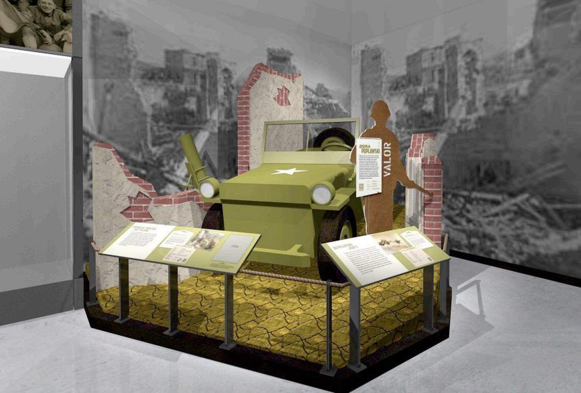 This rendering, produced by The Design Minds Inc., shows a World War II exhibit featuring a Jeep. More detailed information will be available to read at most exhibits.