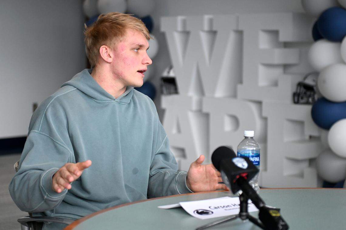 Penn State running back Carson Hansen answers questions from reporters on Wednesday, Feb. 25, 2026.