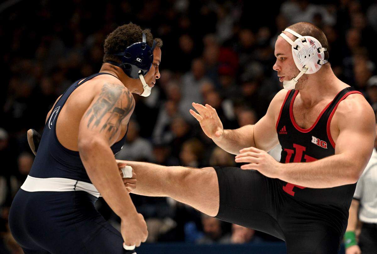 Penn State’s Greg Kerkvliet controls Indiana’s Nick Willham in the 285 lb bout of the match on Jan. 14 at Rec Hall.