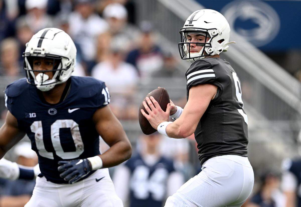 Quarterback Beau Pribula drops back to make a pass during the Penn State Blue-White game on Saturday, April 15, 2023.
