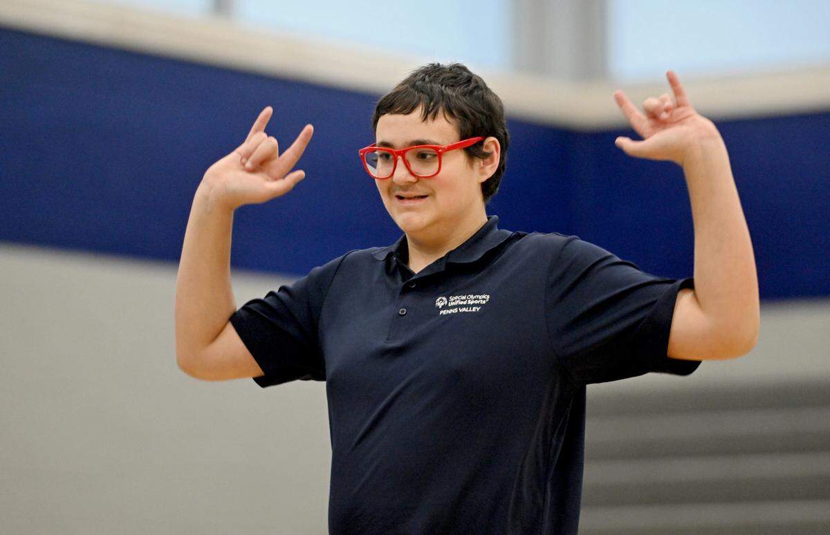 Penns Valley’s William Hetrick celebrates a roll during the unified bocce match against Philipsburg-Osceola on Thursday, Jan. 30, 2025.