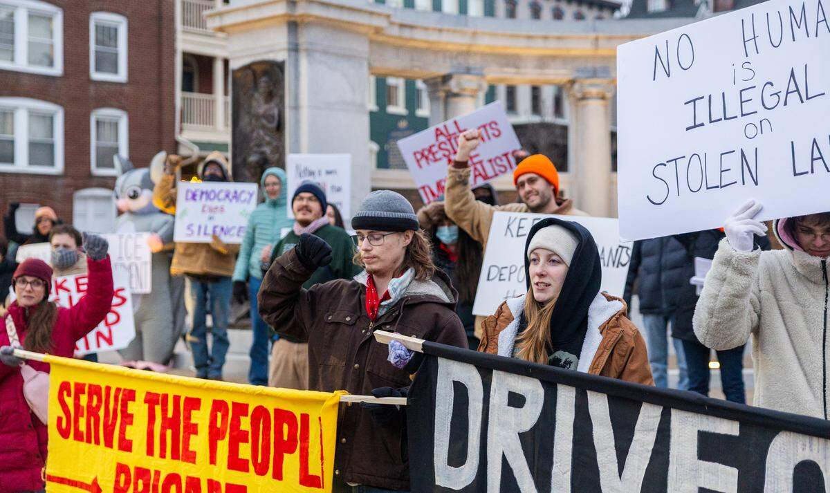 Community members protest in front of the Centre Country Courthouse in Bellefonte on Wednesday, March 18, 2026. The protest was in response to an ICE arrest that took place at the courthouse on Wednesday, March 4.