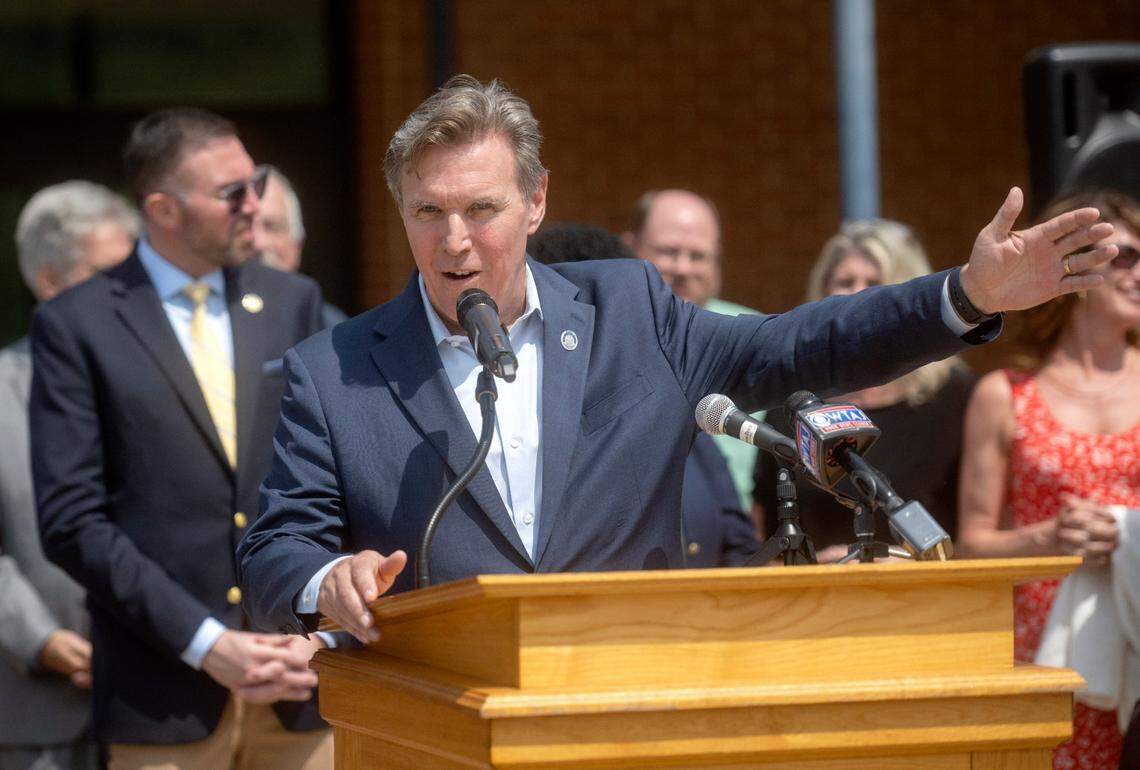 Rep. Paul Takac speaks during the rally to Save Our School hosted by the PA Democratic Policy Committee members on Wednesday, Aug. 2, 2023 at Bald Eagle Area High School.