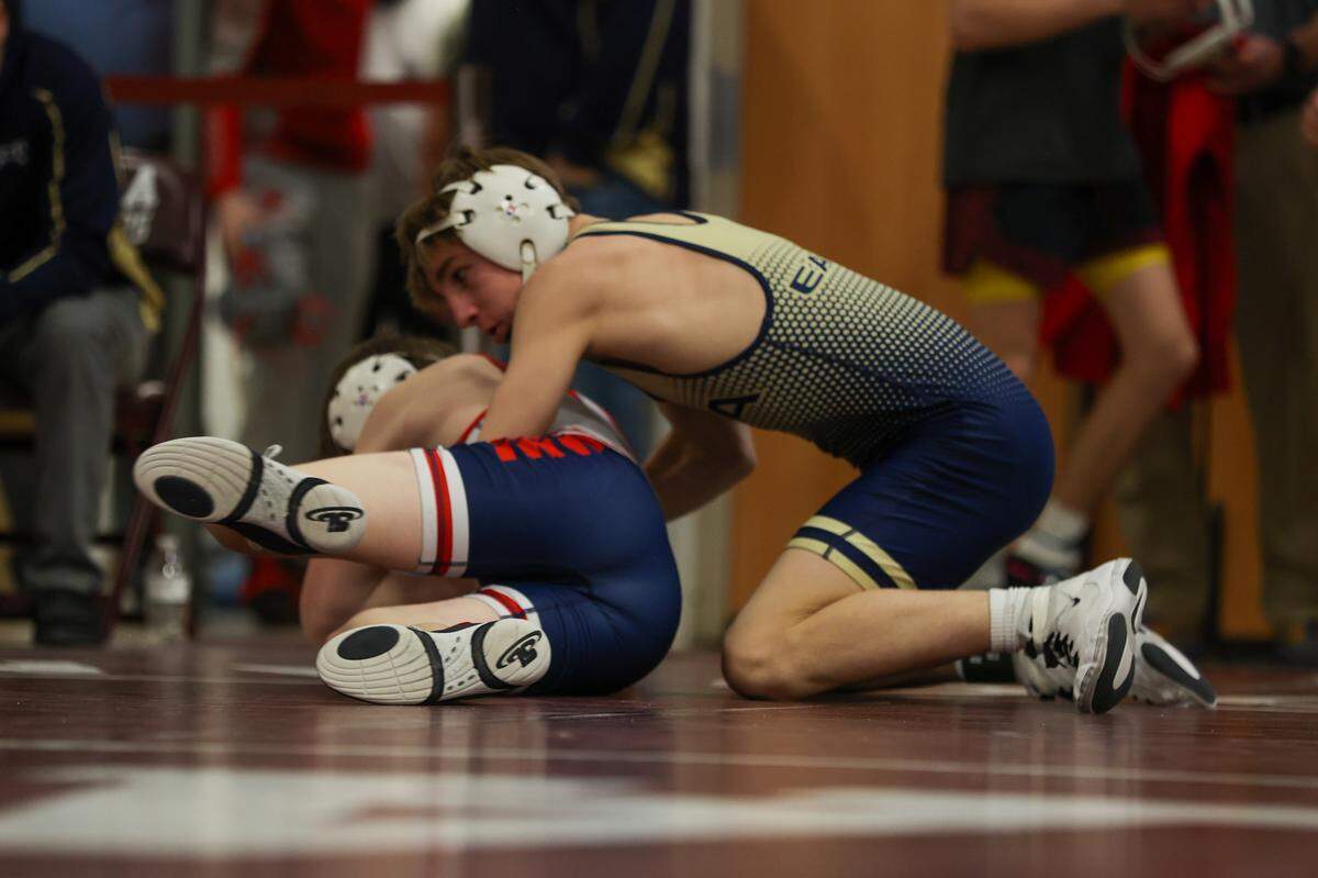 Bald Eagle Area’s Tanner Guenot controls Huntingdon’s Landin Snare in their 121-pound second round match of the District 6 Class 2A Championships on Friday in Altoona. Guenot pinned Snare in 1:45.