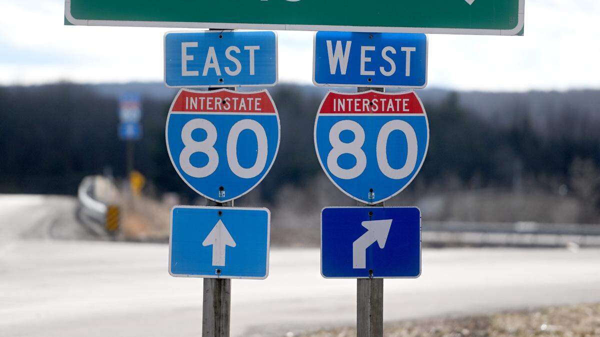The signs to get on I-80 from Snow Shoe on Thursday, Feb. 23, 2023.