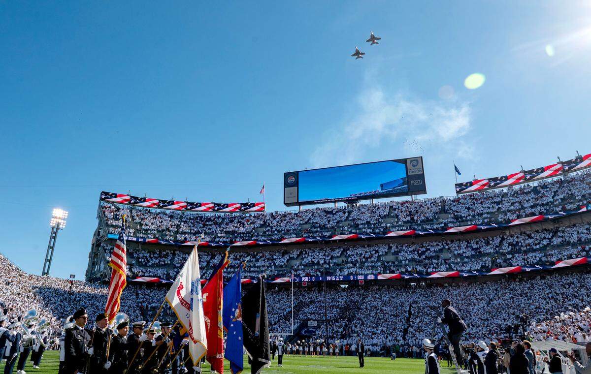 Two planes fly over Beaver Stadium at the end of the national anthem before the game against Ohio State on Saturday, Nov. 2, 2024.