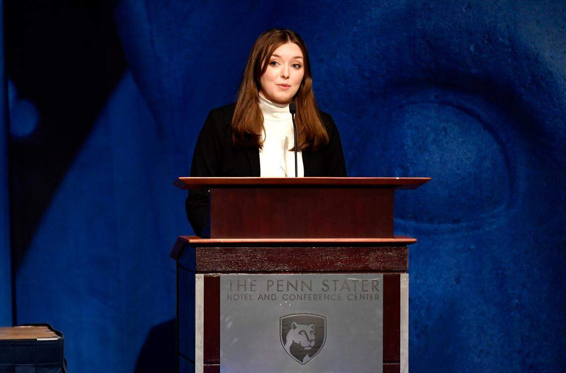UPUA President Erin Boas gives her support for Neeli Bendapudi to be the new Penn State president on Thursday.
