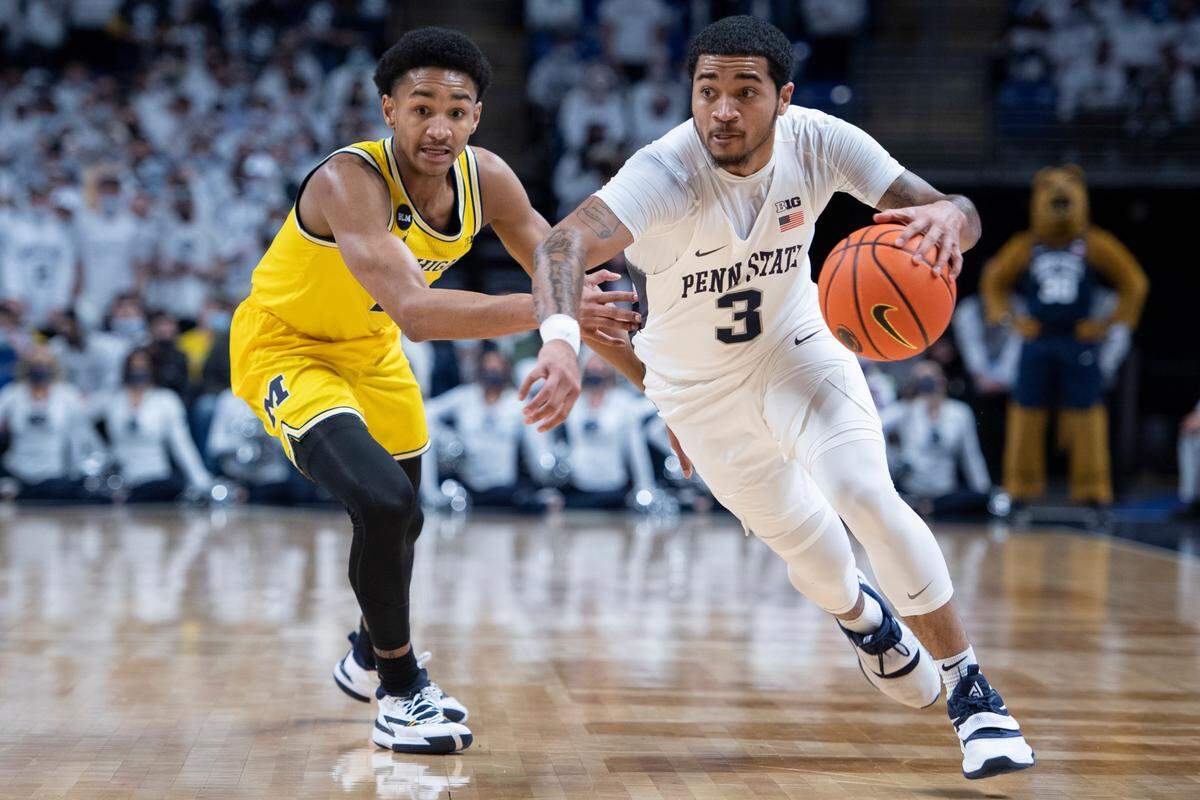 Penn State guard Sam Sessoms (3) dribbles during an NCAA basketball game between Penn State and Michigan at the Bryce Jordan Center on Tuesday, Feb. 8, 2022 in University Park, Pa.