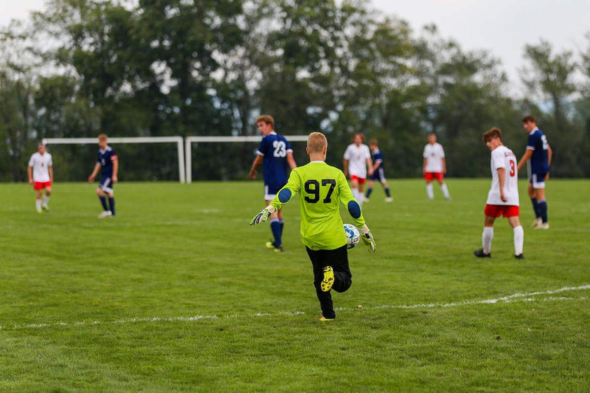 Penns Valley junior goalkeeper Gavin Robb prepares to punt the ball after his 10th save. Robb had 12 saves against Bellefonte on Monday, Sept. 13, 2021, in Spring Mills.