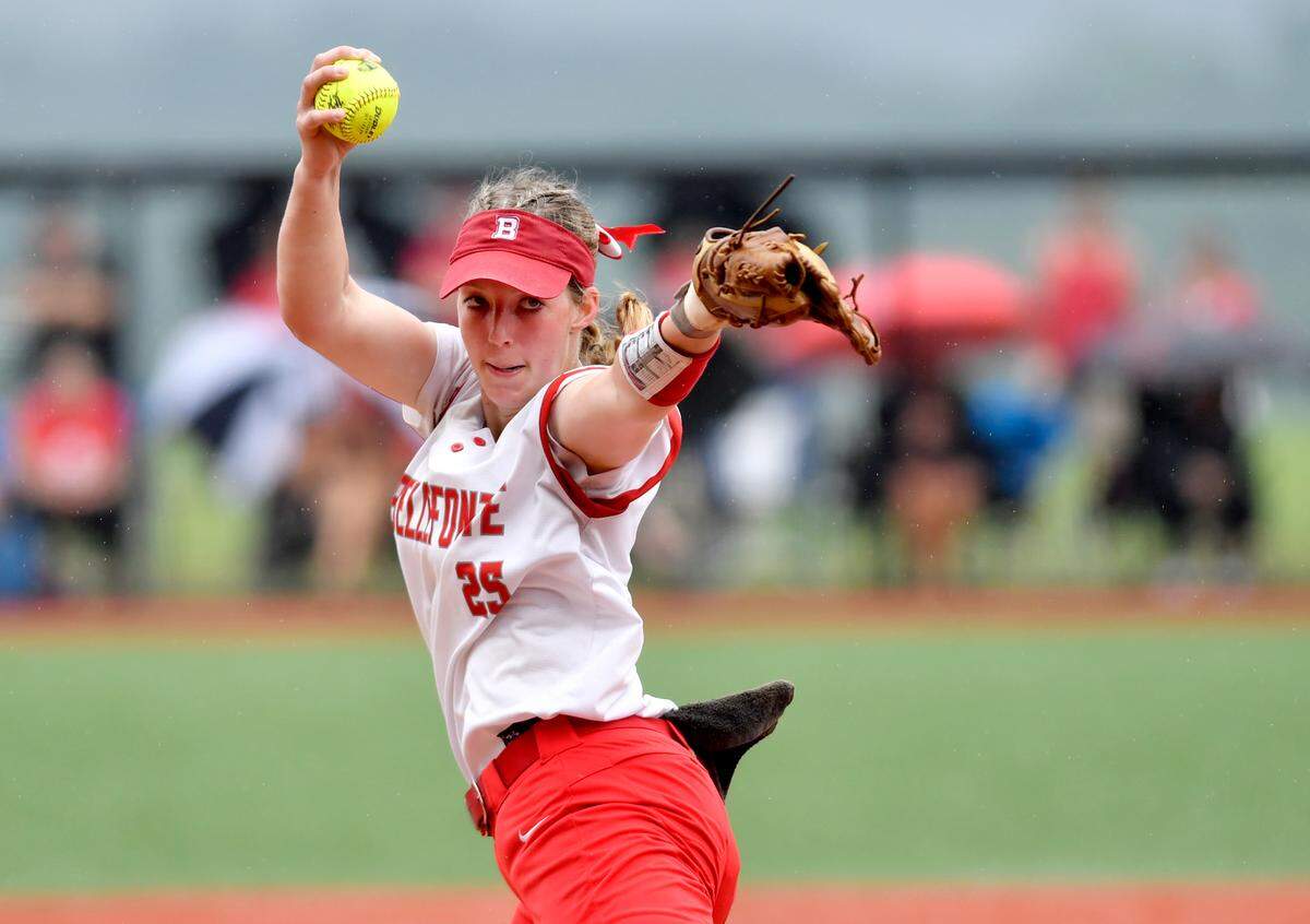 BellefonteÕs Lexi Rogers pitches as the rain starts to come down in the fifth inning of the game against North Hills in the PIAA 5A quarterfinals on Thursday, June 10, 2021.