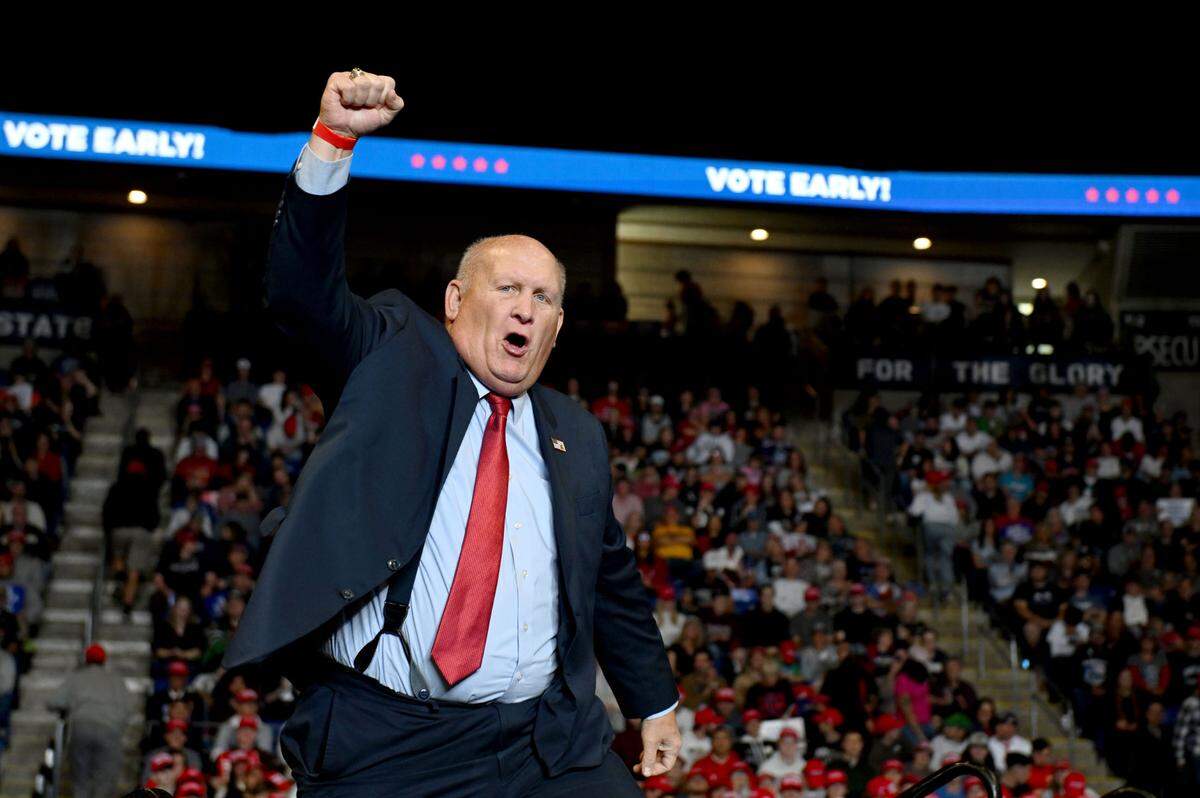 U.S. Rep. Glenn “GT” Thompson, R-Howard, fists pumps the crowd as he walks on stage to make remarks at the Donald Trump rally at the Bryce Jordan Center on Saturday, Oct. 26, 2024.
