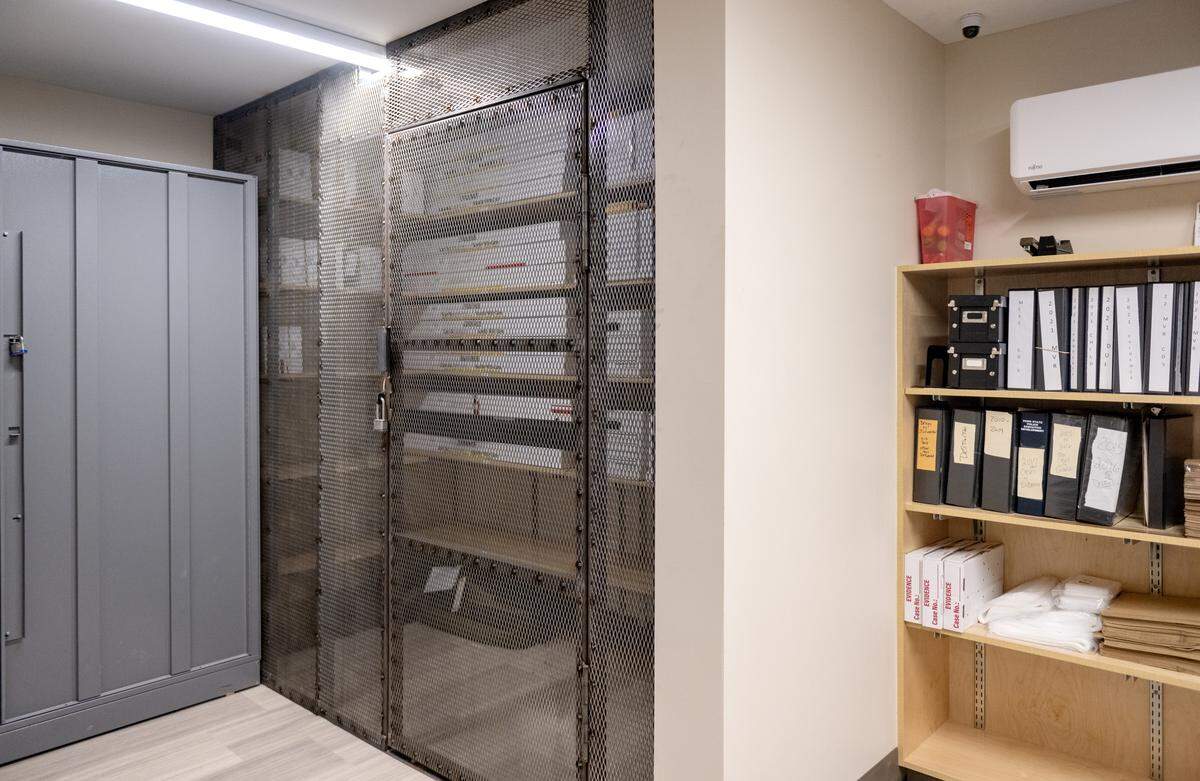 A secure area for firearms and drugs in the evidence room at the Spring Township Police Department station on Wednesday, Sept. 10, 2025. The police chief and detective have access to the evidence room where everything is barcoded. 