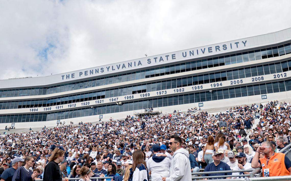 Fans fill the east side of Beaver Stadium for the Blue-White game on Saturday, April 26, 2025.  