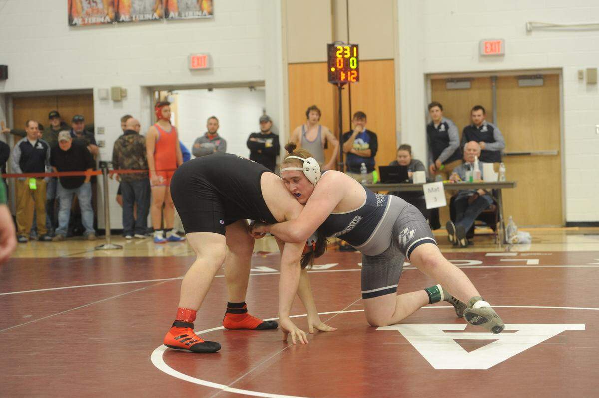 Philipsburg-Osecola’s Chase Klinger controls Central’s Wyatt Holsinger during their 285-pound quarterfinals match of the District 6 Class 2A Championships on Friday, Feb. 18, 2022. Klinger pinned Holsinger in 4:43.
