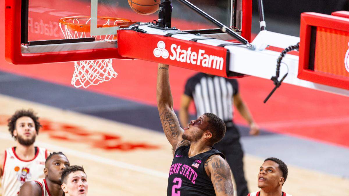 Penn State guard Myles Dread (2) makes a layup against Nebraska in the first half of the Tuesday, Feb. 23, 2021, college basketball game in Lincoln, Neb.