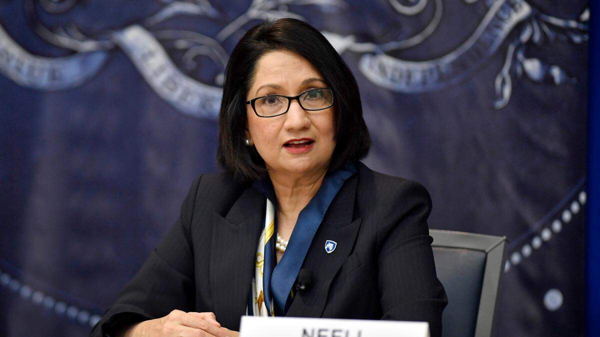Neeli Bendapudi speaks during a press conference after being named the next Penn State president on Thursday, Dec. 9, 2021.
