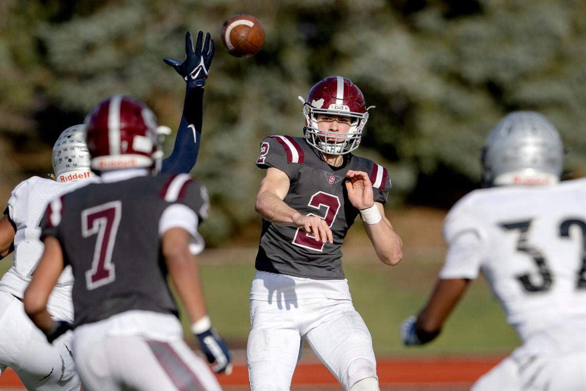 State College’s Finn Furmanek makes a pass but it falls incomplete during the PIAA 6A semifinal game against Harrisburg at Mansion Park on Saturday, Dec. 3, 2022.