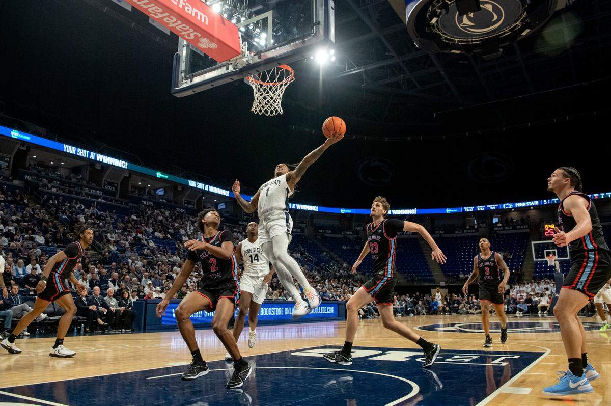 Penn State’s Ace Baldwin Jr. goes in for a basket during the game against Delaware State on Monday, Nov. 6, 2023.