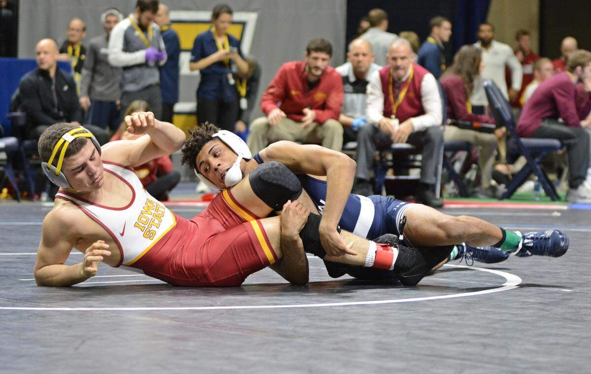 Penn State’s Roman Bravo-Young finishes off a takedown of Iowa State’s Austin Gomez in their 133-pound semifinal match of the Southern Scuffle on Wednesday in Chattanooga, Tenn. Gomez pinned Bravo-Young in 3:57.