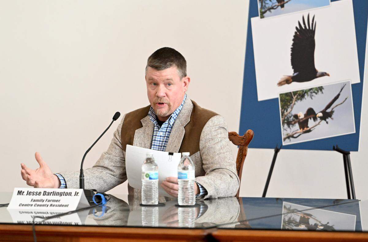 Jesse Darlington talks about his family farm that is in risk of being affected by eminent domain due to the State College Area Connector project during a public hearing hosted by state Sen. Cris Dush, R-Brookville, on Monday, Jan. 22, 2024.