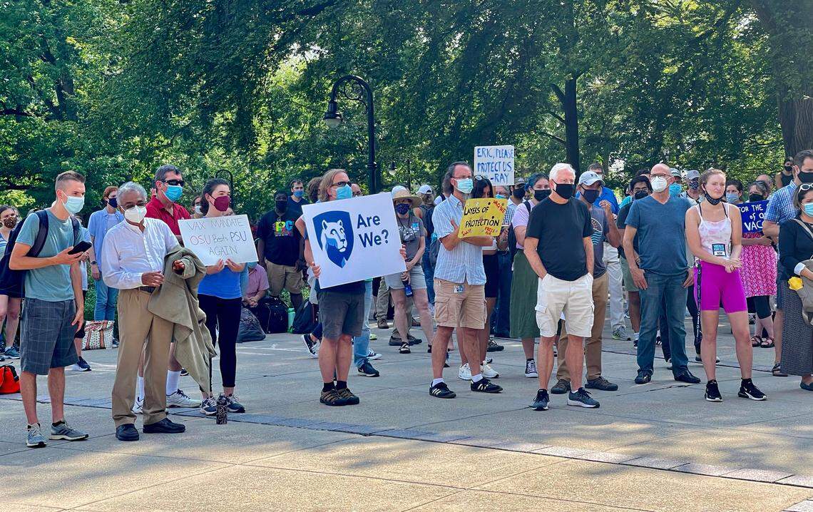 About 150 people attended a rally at Old Main on Friday to call on Penn State to require the COVID-19 vaccine for students and staff.