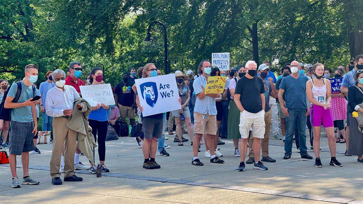 About 150 people attended an Aug. 27 rally at Old Main led by the Penn State faculty-based group Coalition for a Just University. The group is organizing a “Teach-Out(side)” this week to continue to protest the university’s COVID-19 policies.