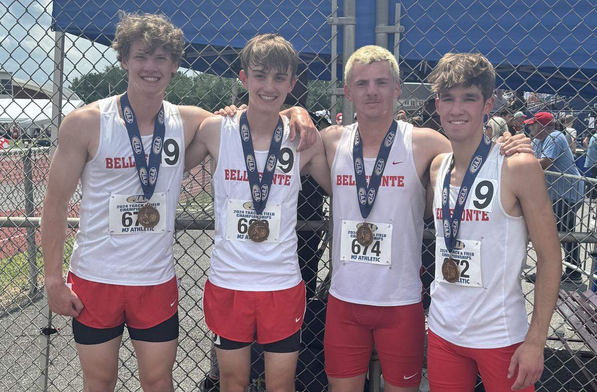 Bellefonte’s 3,200-meter relay team poses with their 7th-place medals in Class 2A at the 2024 PIAA Track and Field State Championships at Shippensburg. From left to right are Caleb Vinnedge, Kaiden Williams, Grady Garrison and Alex Crist.