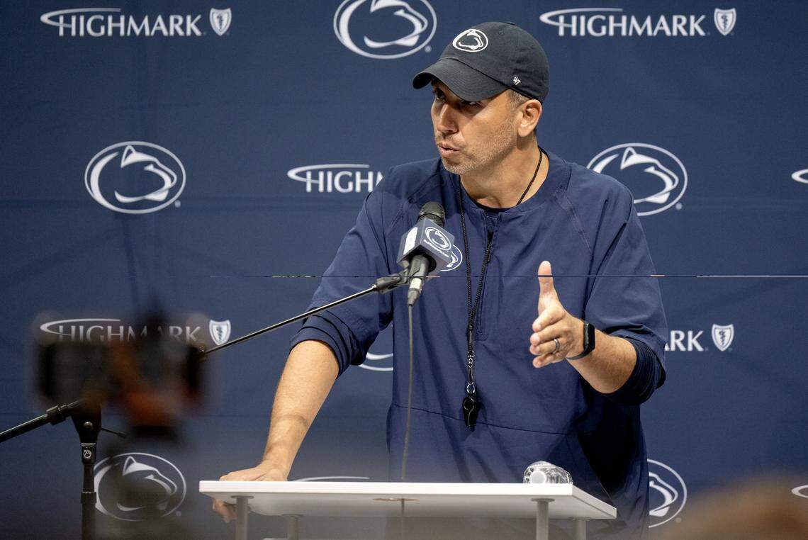 Penn State football coach Matt Campbell answers questions after a spring practice on Tuesday, April 21, 2026. 