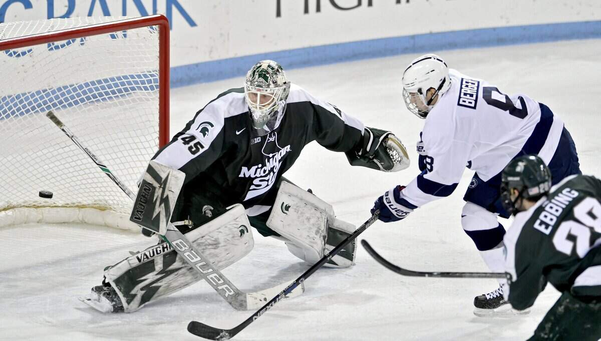 Penn State’s Chase Berger and the Nittany Lions, seen here during a past series with Michigan State, will take on the Spartans this weekend at Pegula Ice Arena. Six of the conference’s top-seven points producers could play this weekend.