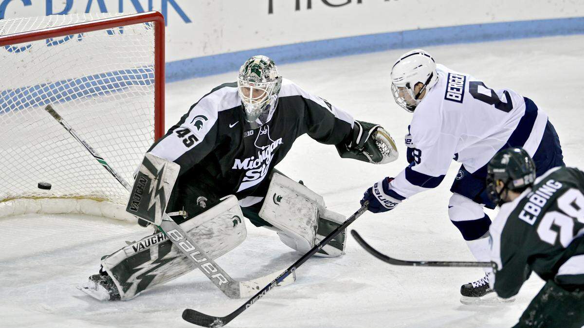 Penn State’s Chase Berger and the Nittany Lions, seen here during a past series with Michigan State, will take on the Spartans this weekend at Pegula Ice Arena. Six of the conference’s top-seven points producers could play this weekend.