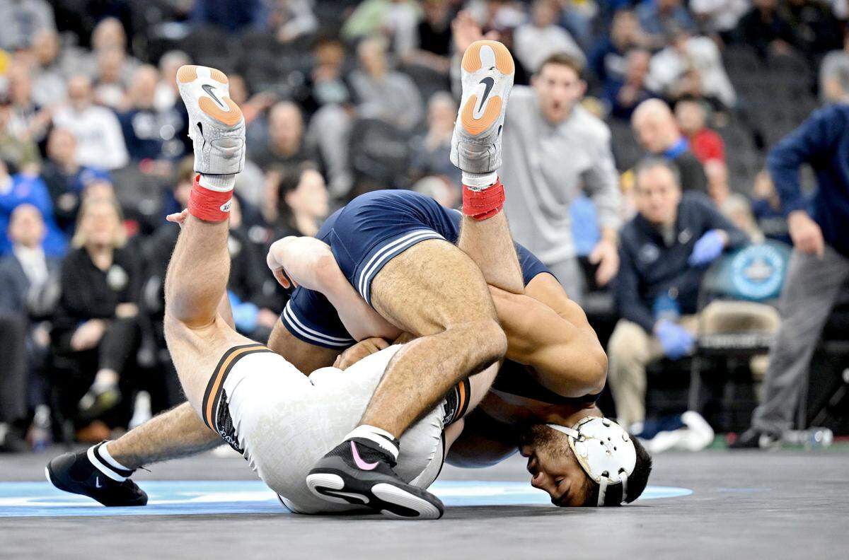 Penn State’s Shayne Van Ness pins Oregon State’s Ethan Stiles in the 149-pound consolation semifinals bout at the 2025 NCAA Wrestling Championships at the Wells Fargo Center in Philadelphia on Saturday, March 22, 2025.