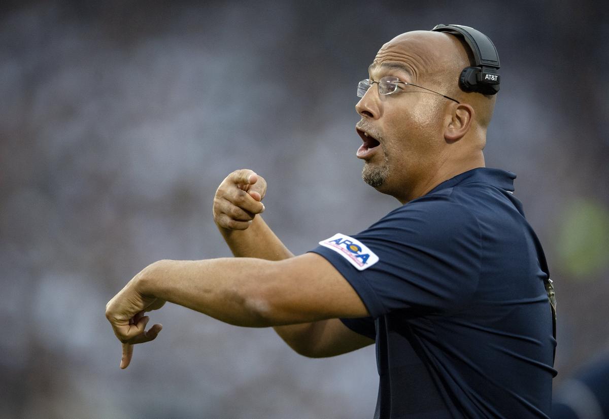 Penn State football coach James Franklin yells to his players during the Saturday, Sept. 1, 2018 game at Beaver Stadium.