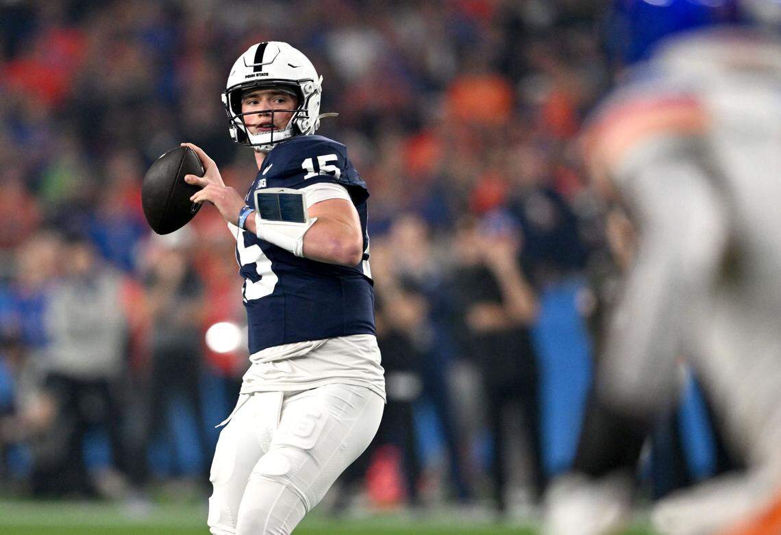 Penn State quarterback Drew Allar makes a pass for a touchdown during the Fiesta Bowl against Boise State on Tuesday, Dec. 31, 2024 at State Farm Stadium.
