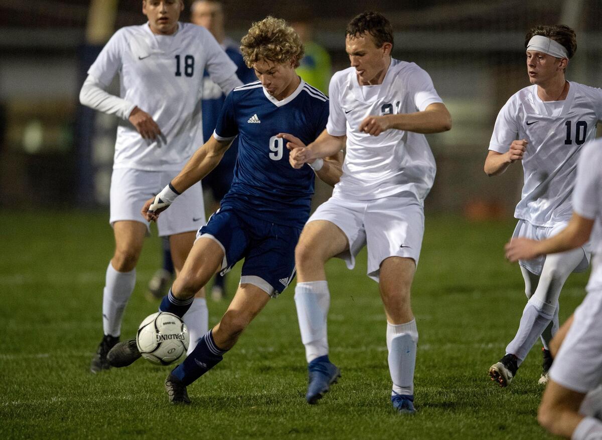 Penns Valley’s Connor Martz makes his way down the field around a Philipsburg-Osceola defender during the game on Tuesday, Oct. 27, 2020.