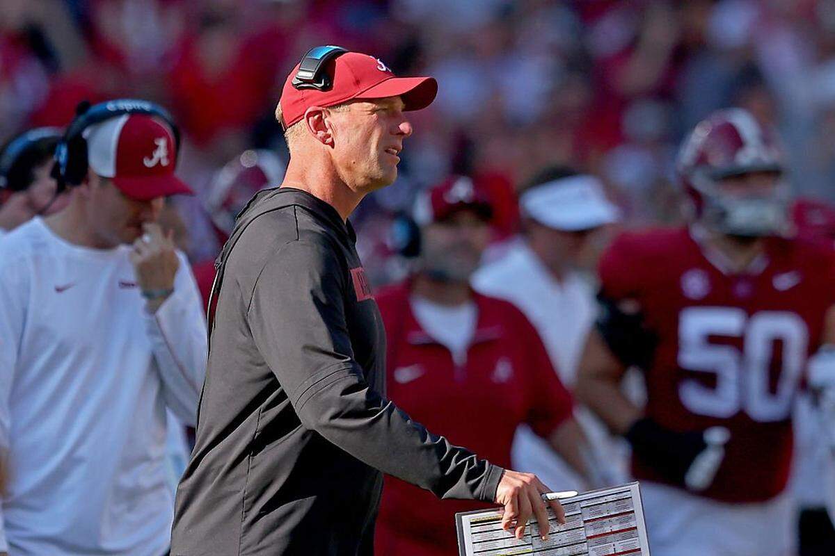 TUSCALOOSA, ALABAMA - NOVEMBER 22: Head coach Kalen Deboer of the Alabama Crimson Tide looks on during the second quarter of the game against the Eastern Illinois Panthers at Bryant-Denny Stadium on November 22, 2025 in Tuscaloosa, Alabama. (Photo by Jason Clark/Getty Images)