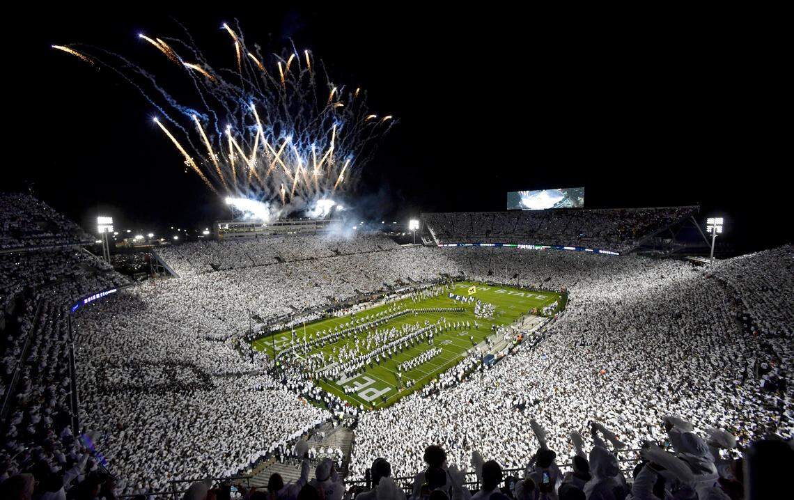 Fireworks and cheers welcome the Penn State football team onto the field for the White Out game against Michigan on Oct. 19, 2019 at Beaver Stadium.