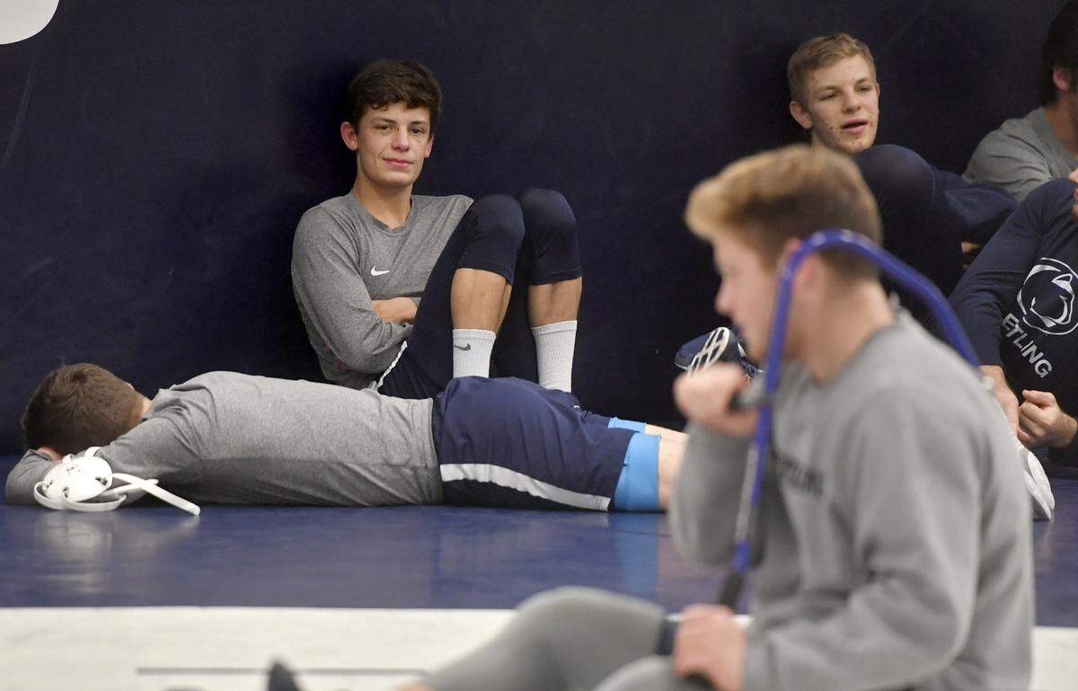 Penn State wrestler Baylor Shunk sits with his teammates before practice on Tuesday, Nov 5, 2019.