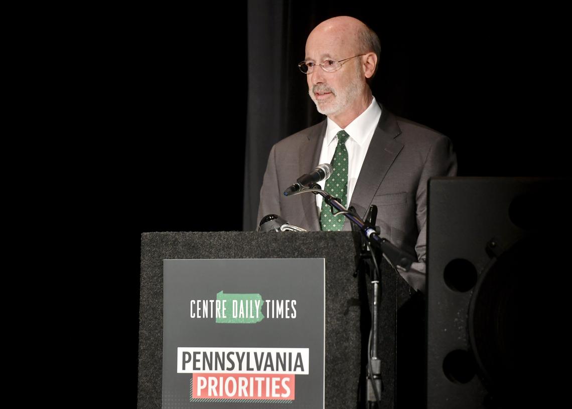 Pennsylvania Governor Tom Wolf speaks Wednesday during the Pennsylvania Priorities event at The State Theatre. The event brought together regional leaders to discuss the rural broadband crisis.