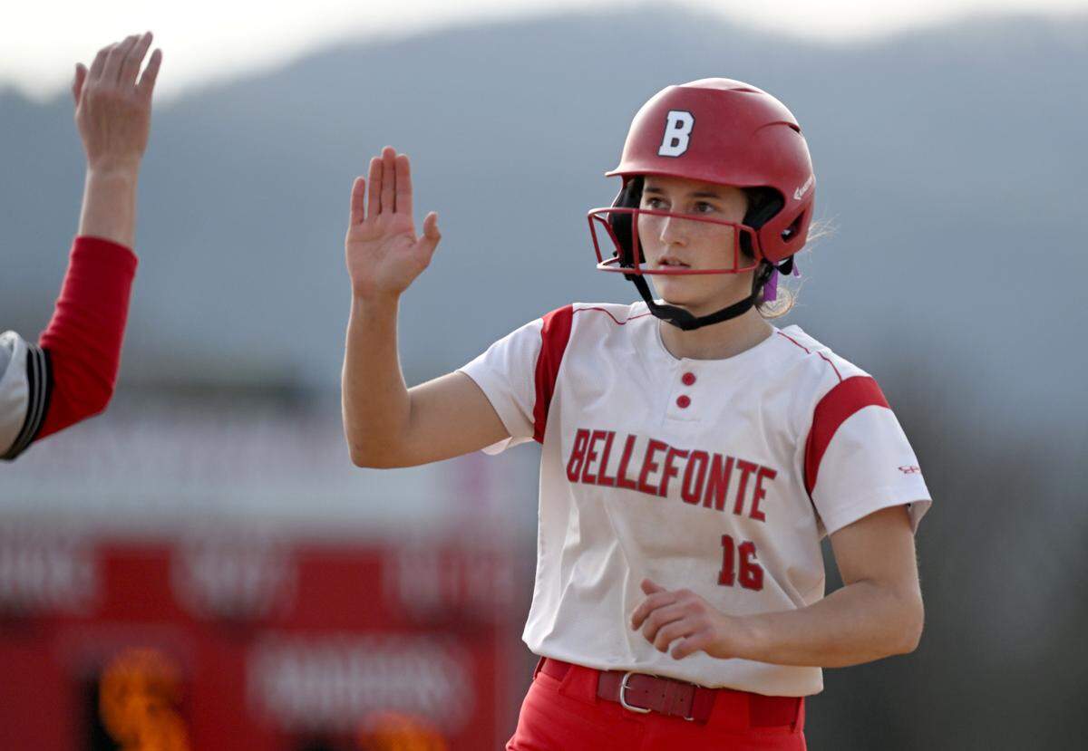 Bellefonte’s Madison Melius gets high-fives as she rounds third base from her out of the park homer during the game against Penns Valley on Tuesday, April 4, 2023.