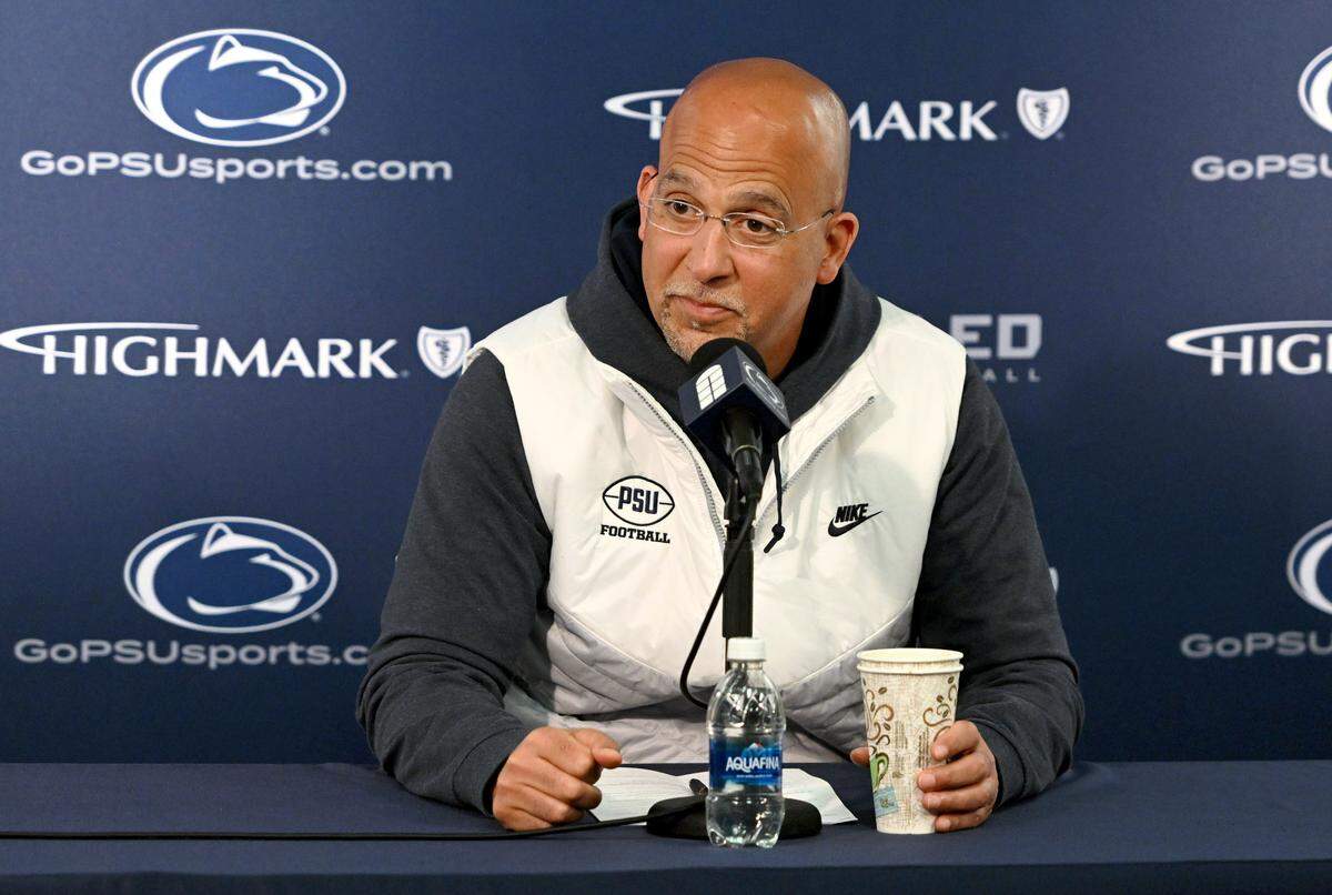 Penn State football coach James Franklin answers questions during a media availability on Tuesday, Feb. 11, 2025.
