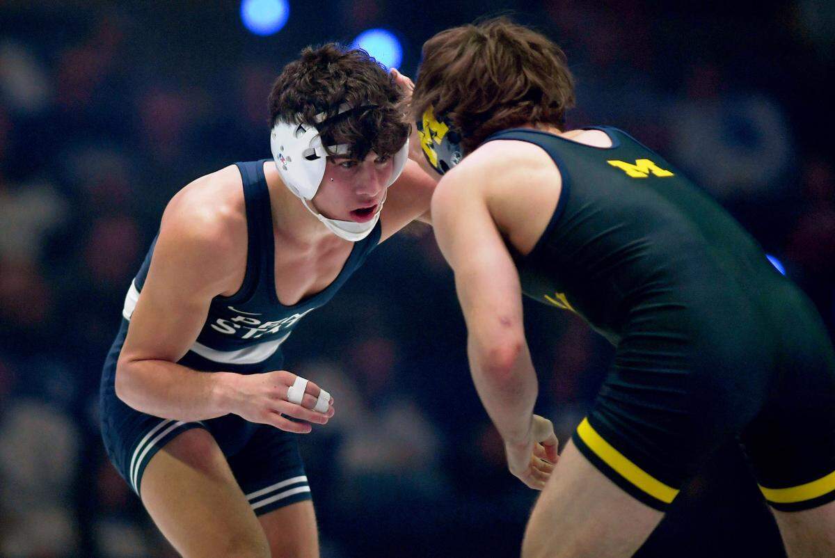 Penn State’s Kyison Garcia wrestles Michigan’s Nolan Wertanen in the 133 lb bout of the match on Friday, Feb. 7, 2025 in the Bryce Jordan Center. Garcia won by decision, 4-1. 