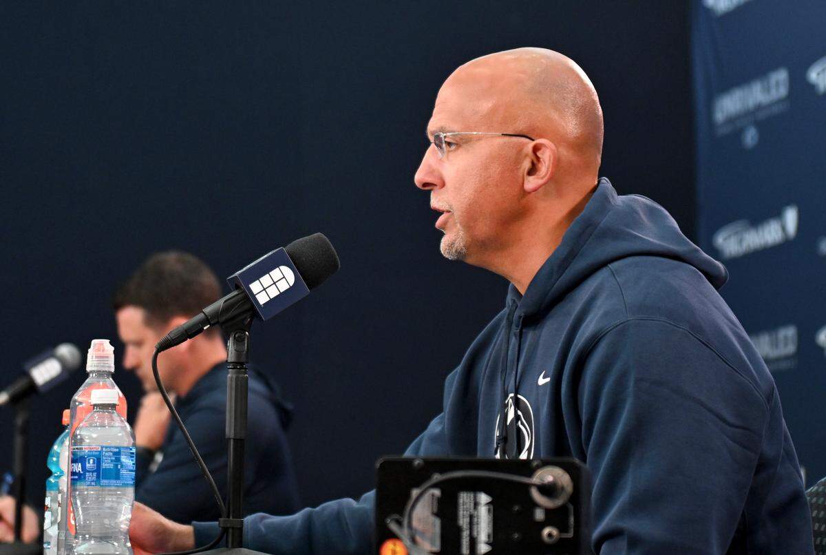 Penn State football coach James Franklin answers questions about the team getting their second loss of the season during his press conference on Monday, Oct. 6, 2025.  