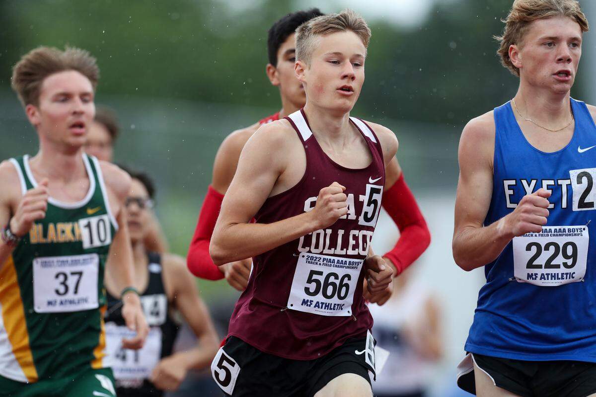 State College’s Nick Scoff, center, competes in the boys Class 3A 1600 meter run finals during the PIAA State Track and Field Championships held Friday at Seth Grove Stadium on the Shippensburg University campus in Shippensburg.